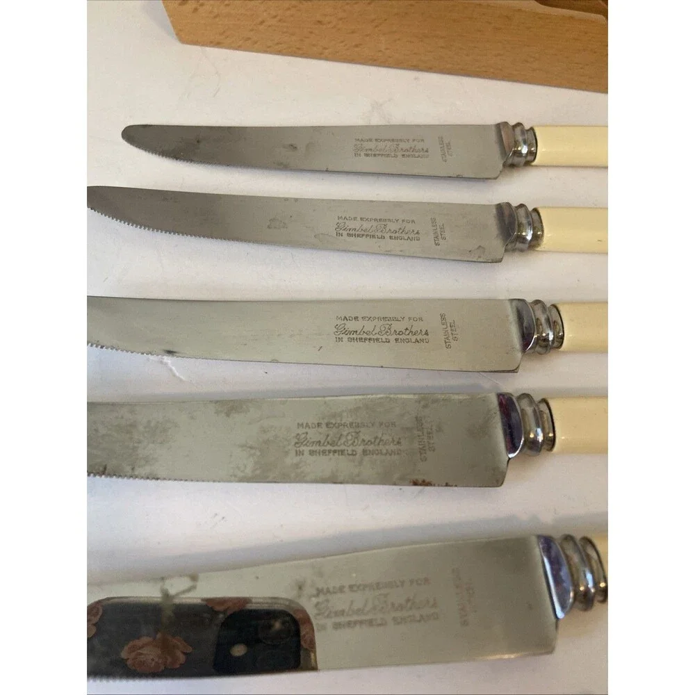 Gimbel Brothers  Stainless Sheffield England  Vintage Knife Set With Holder